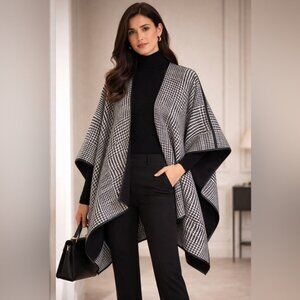 Talbots Reversible Herringbone Wrap Cape Black White Small Fall Winter